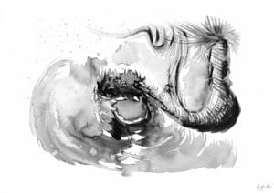 Giclée print of an abstract painting with chinese black ink, Ilford cotton textured paper, sizes A5, A4, A3, A2, A1, painting by Marijke Ali, t-fins