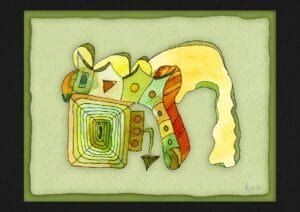 Giclée print of an abstract painting with watercolour inks, Ilford cotton textured paper, sizes A5, A4, A3, A2, A1, painting by Marijke Ali, t-fins