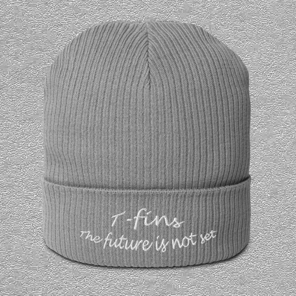 light grey beanie with the future is not set embroidery