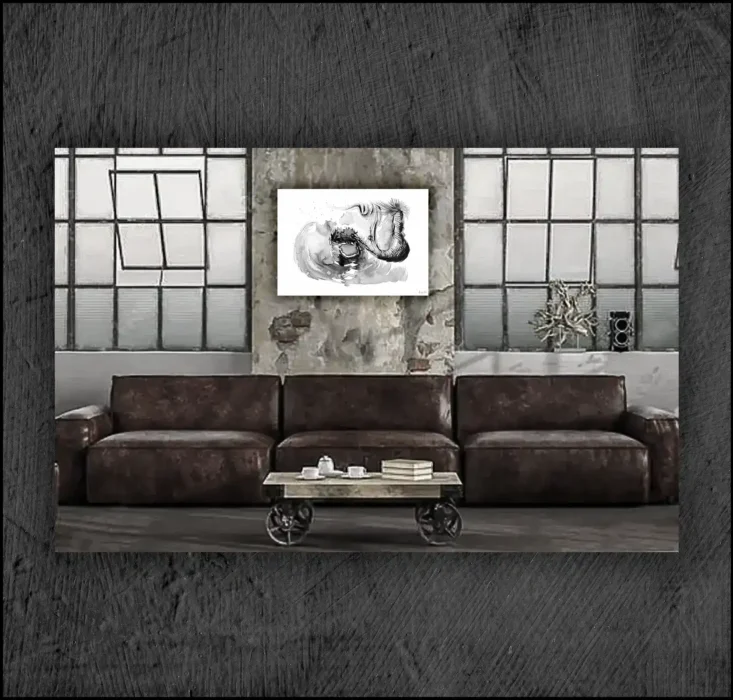 Example of an abstract chinese ink, musuem quality Giclée print on the wall of a room