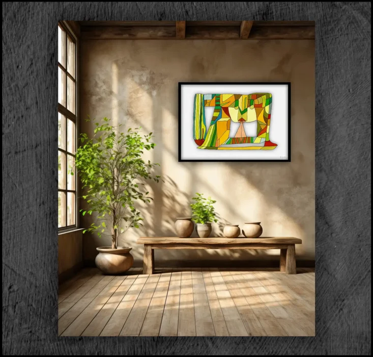 example of an aquarelle, Giclée museum quality, print on the wall of a room