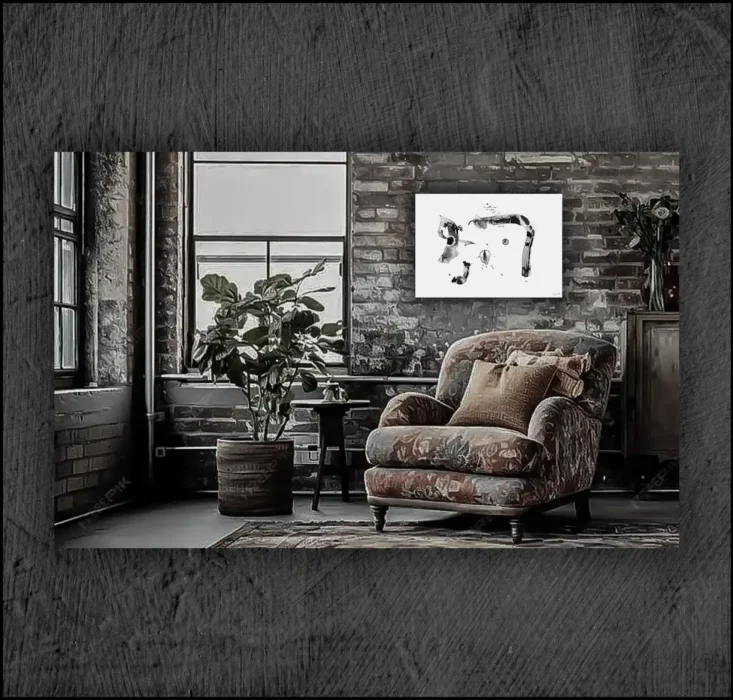 Example of an abstract chinese ink, musuem quality Giclée print on the wall of a room