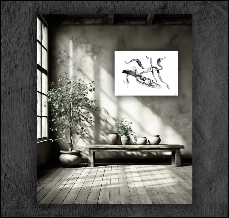 Example of an abstract chinese ink, musuem quality Giclée print on the wall of a room