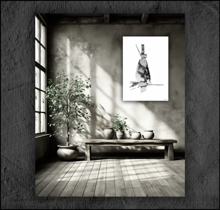Example of an abstract chinese ink, musuem quality Giclée print on the wall of a room