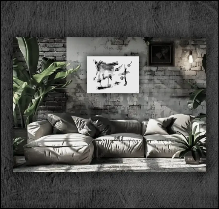 Example of an abstract chinese ink, musuem quality Giclée print on the wall of a room