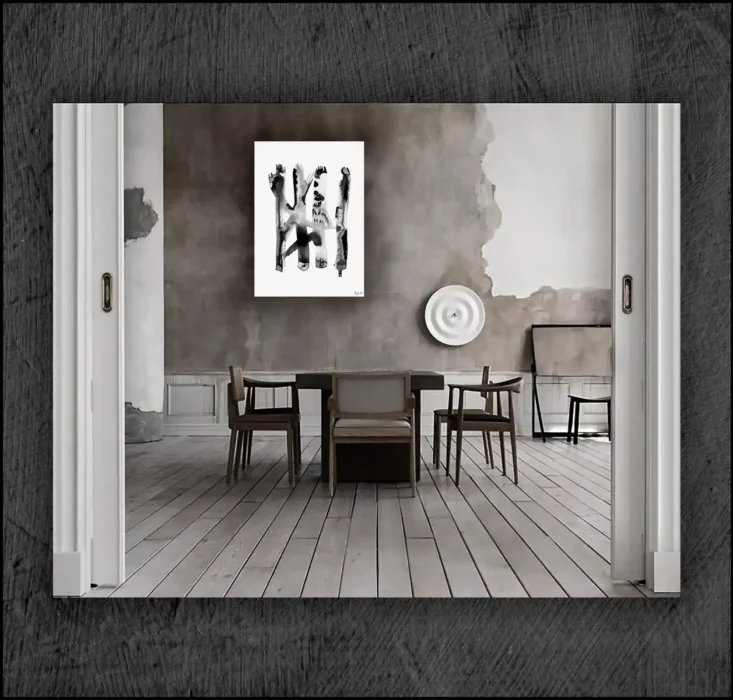 Example of an abstract chinese ink, musuem quality Giclée print on the wall of a room