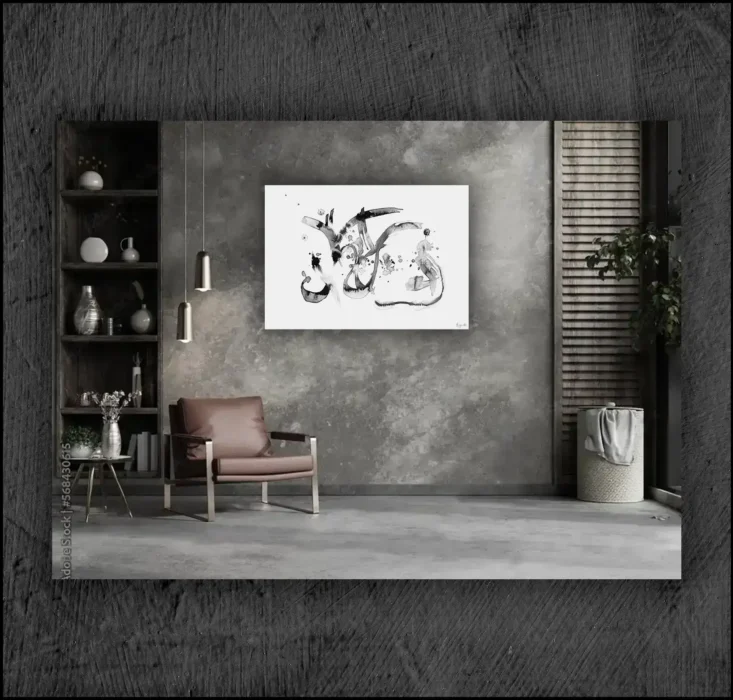 Example of an abstract chinese ink, musuem quality Giclée print on the wall of a room