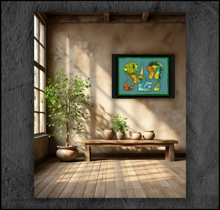 example of an aquarelle, Giclée museum quality, print on the wall of a room