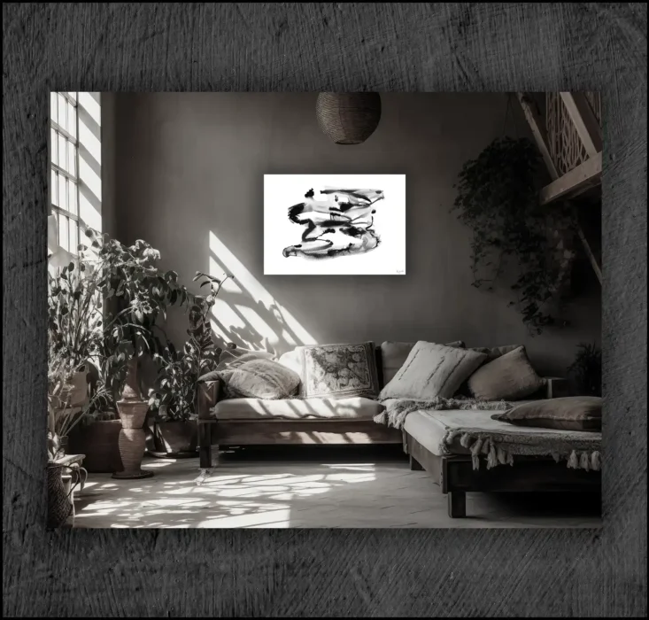 Example of an abstract chinese ink, musuem quality Giclée print on the wall of a room