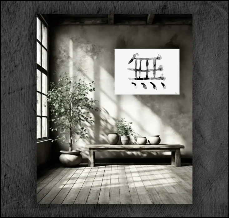 Example of an abstract chinese ink, musuem quality Giclée print on the wall of a room