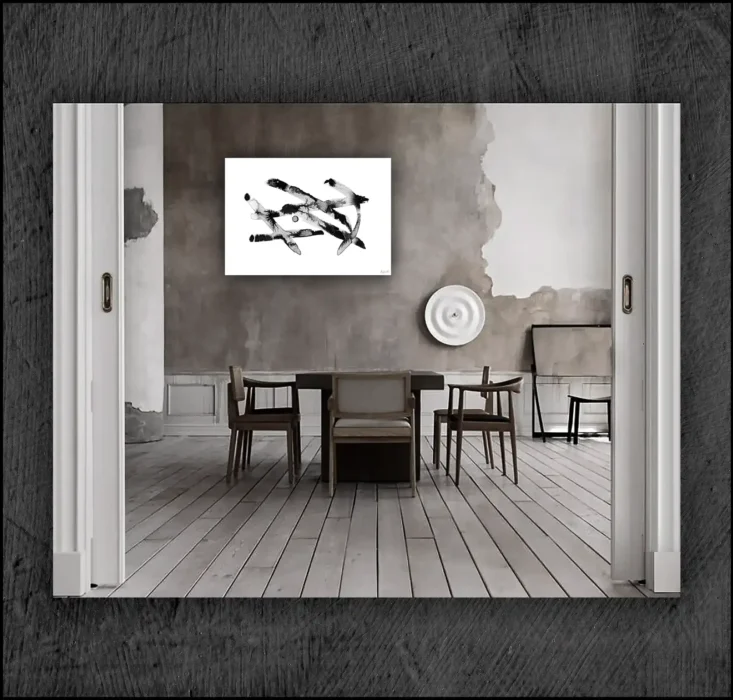 Example of an abstract chinese ink, musuem quality Giclée print on the wall of a room