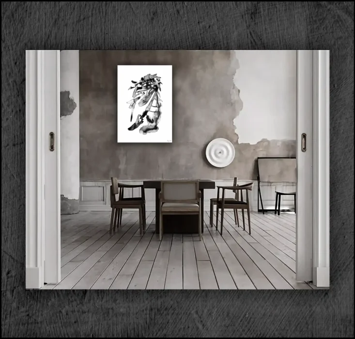 Example of an abstract chinese ink, musuem quality Giclée print on the wall of a room