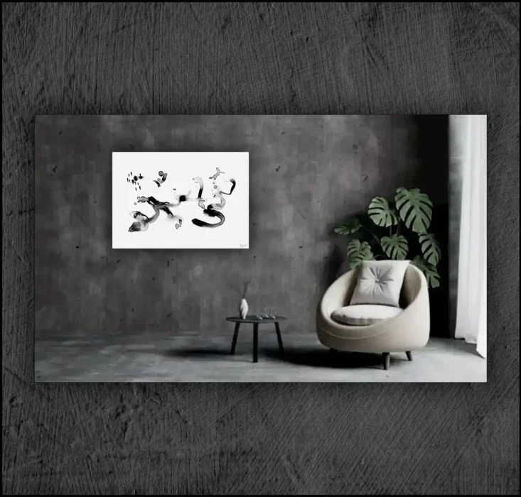 Example of an abstract chinese ink, musuem quality Giclée print on the wall of a room
