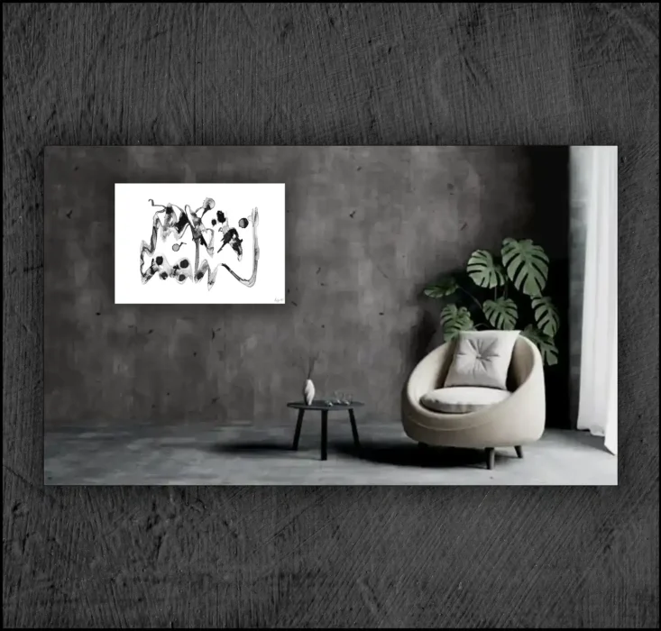 Example of an abstract chinese ink, musuem quality Giclée print on the wall of a room