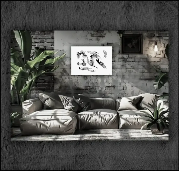 Example of an abstract chinese ink, musuem quality Giclée print on the wall of a room