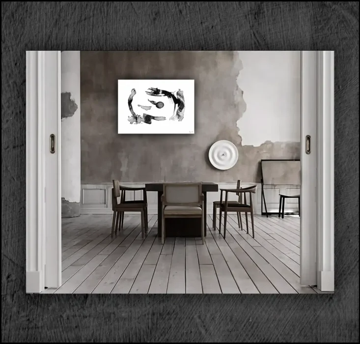 Example of an abstract chinese ink, musuem quality Giclée print on the wall of a room