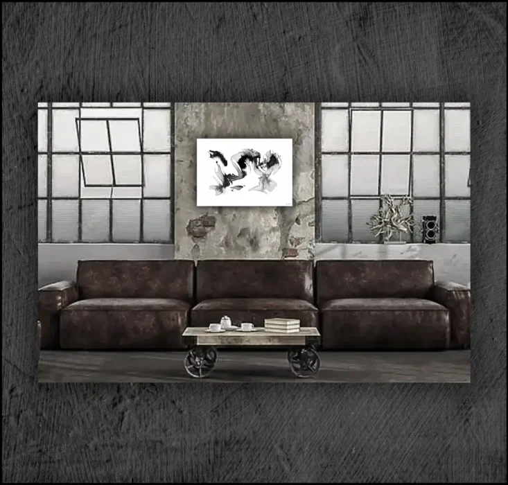 Example of an abstract chinese ink, musuem quality Giclée print on the wall of a room