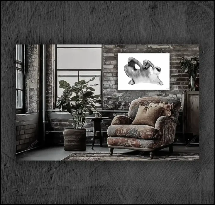 Example of an abstract chinese ink, musuem quality Giclée print on the wall of a room