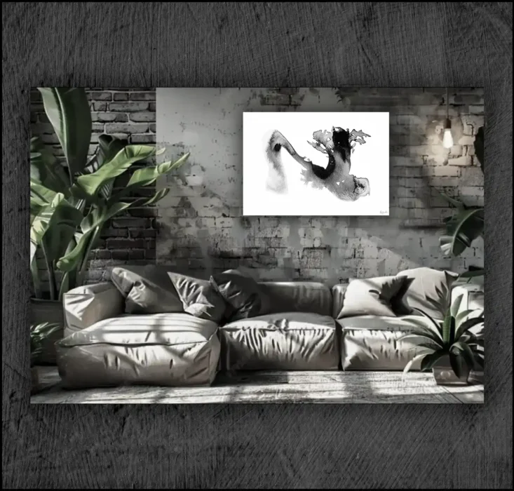 Example of an abstract chinese ink, musuem quality Giclée print on the wall of a room