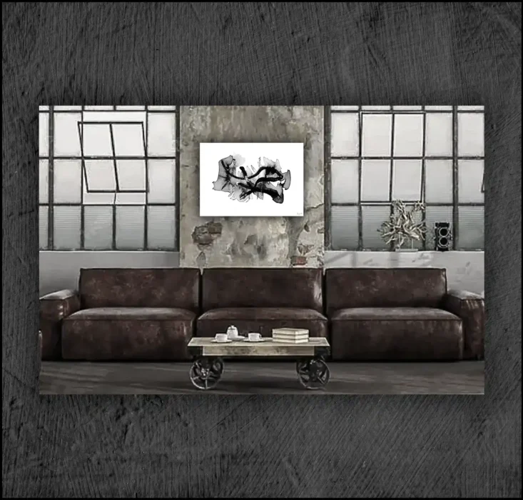 Example of an abstract chinese ink, musuem quality Giclée print on the wall of a room