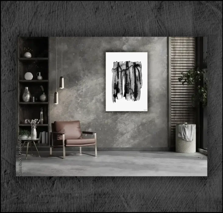 Example of an abstract chinese ink, musuem quality Giclée print on the wall of a room