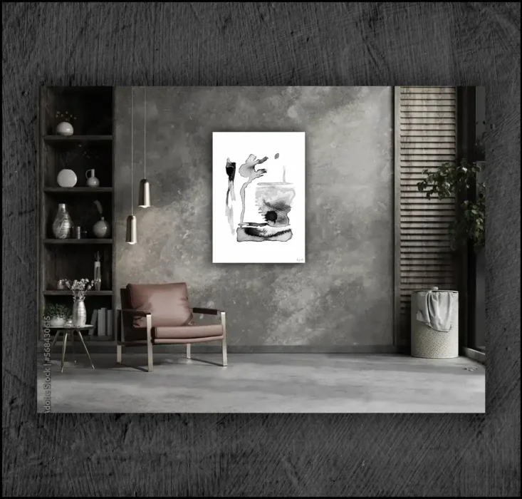 Example of an abstract chinese ink, musuem quality Giclée print on the wall of a room