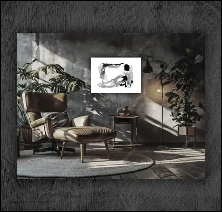 Example of an abstract chinese ink, musuem quality Giclée print on the wall of a room