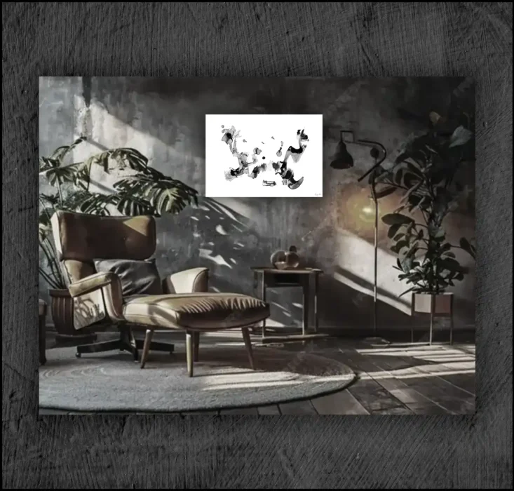 Example of an abstract chinese ink, musuem quality Giclée print on the wall of a room