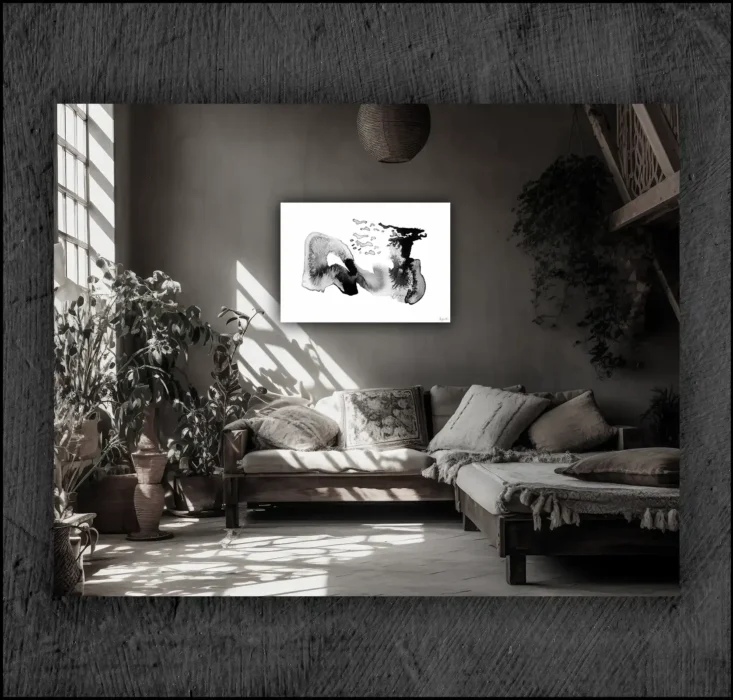 Example of an abstract chinese ink, musuem quality Giclée print on the wall of a room
