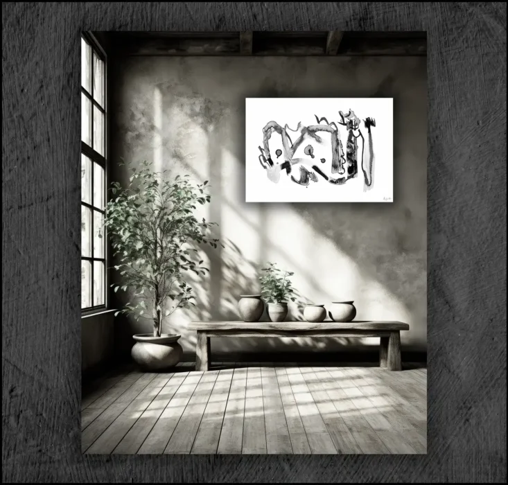 Example of an abstract chinese ink, musuem quality Giclée print on the wall of a room