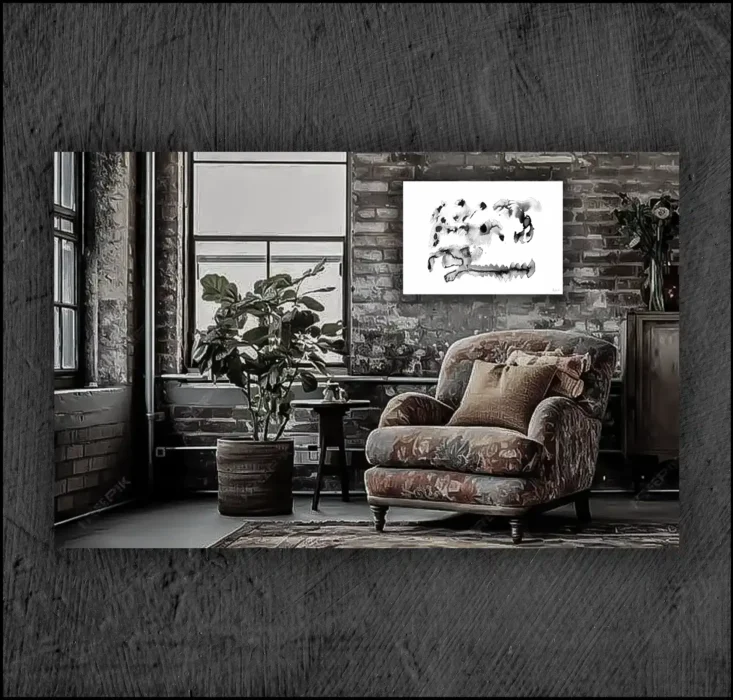 Example of an abstract chinese ink, musuem quality Giclée print on the wall of a room