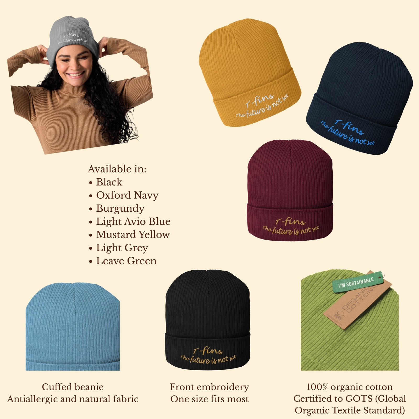 Organic cotton ribbed beanie in multiple colors with embroidered T-fins logo and sustainability details