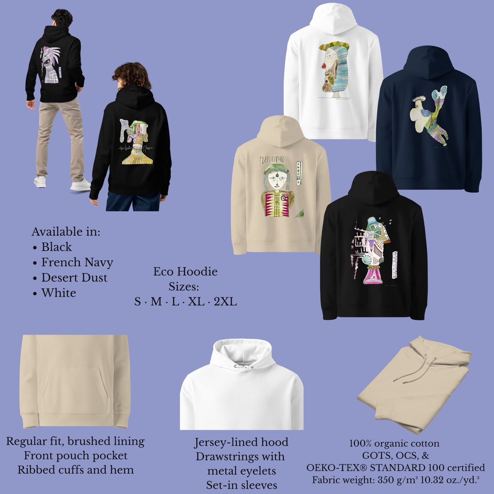 Organic cotton eco hoodie in multiple colors with colorful back prints, front pouch pocket, jersey-lined hood, and ribbed cuffs and hem