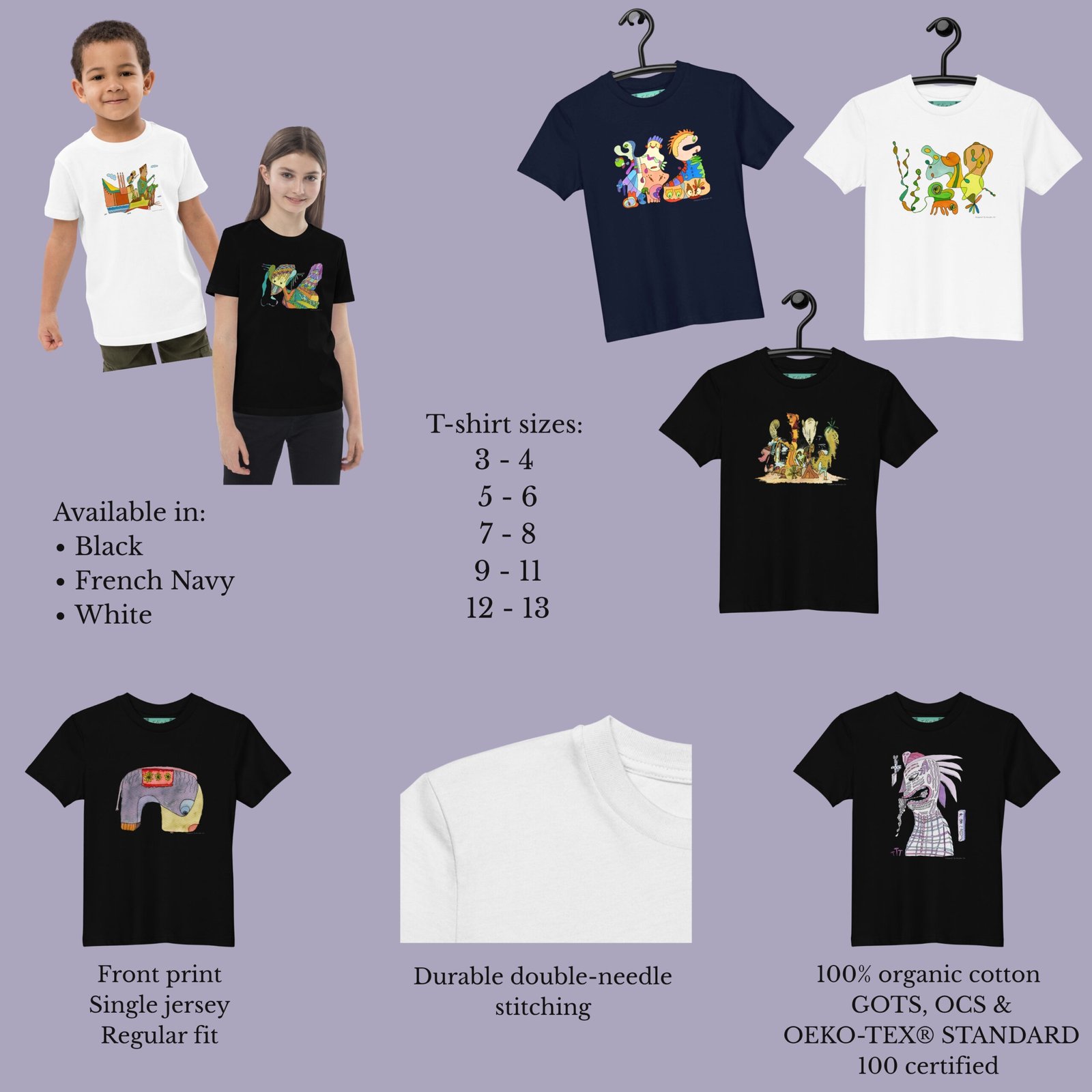 Kids organic cotton T-shirt in black, navy, and white showing colorful artwork prints and available sizes